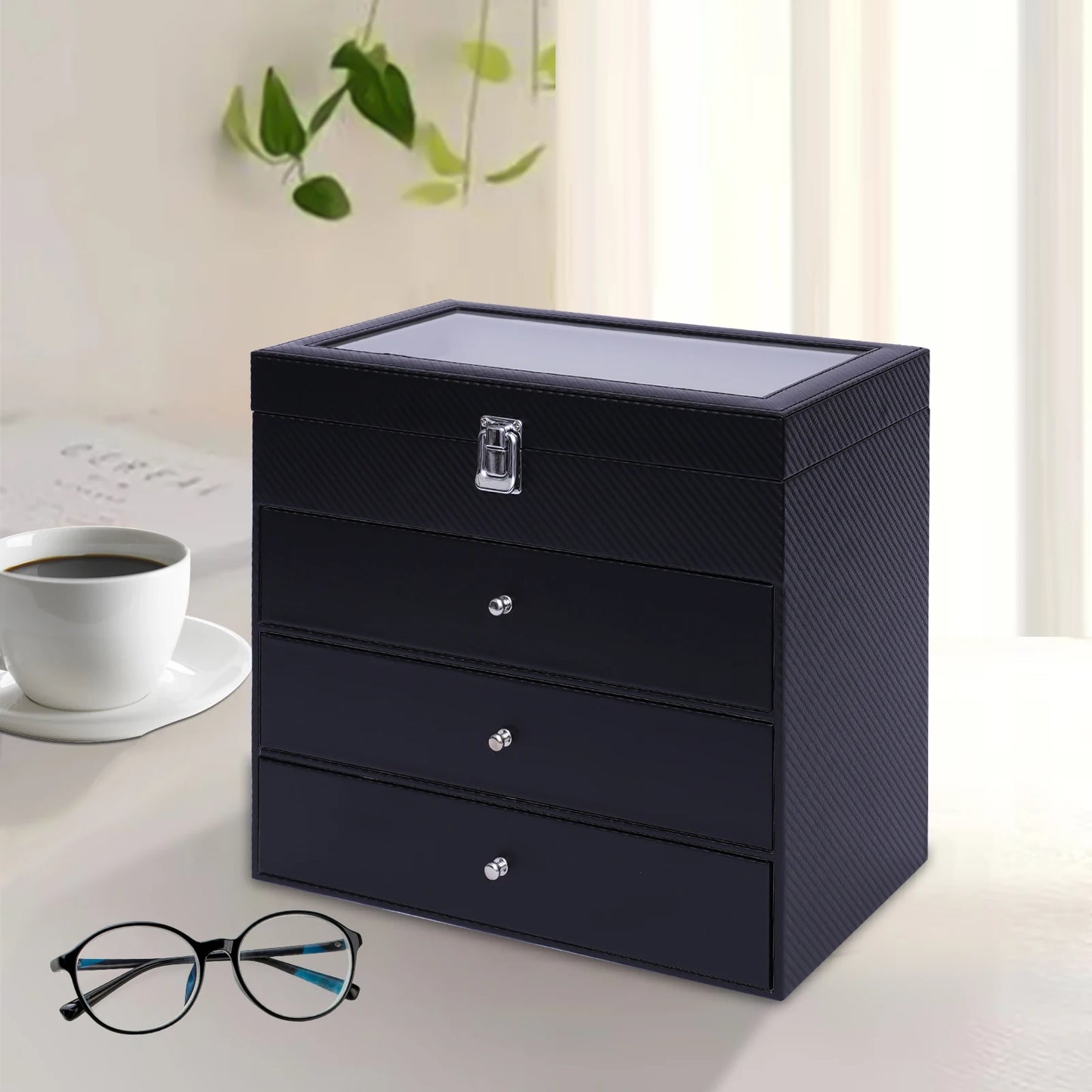 4-Tier Eyeglasses Display Case,24 Compartment Sunglass Glasses Box with Glass Lid,Sunglass Storage Organizer for Bracelet,Watch
