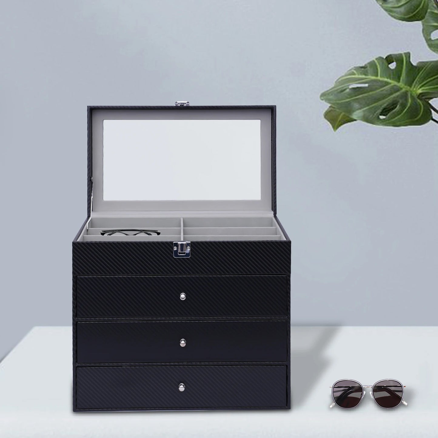 4-Tier Eyeglasses Display Case,24 Compartment Sunglass Glasses Box with Glass Lid,Sunglass Storage Organizer for Bracelet,Watch