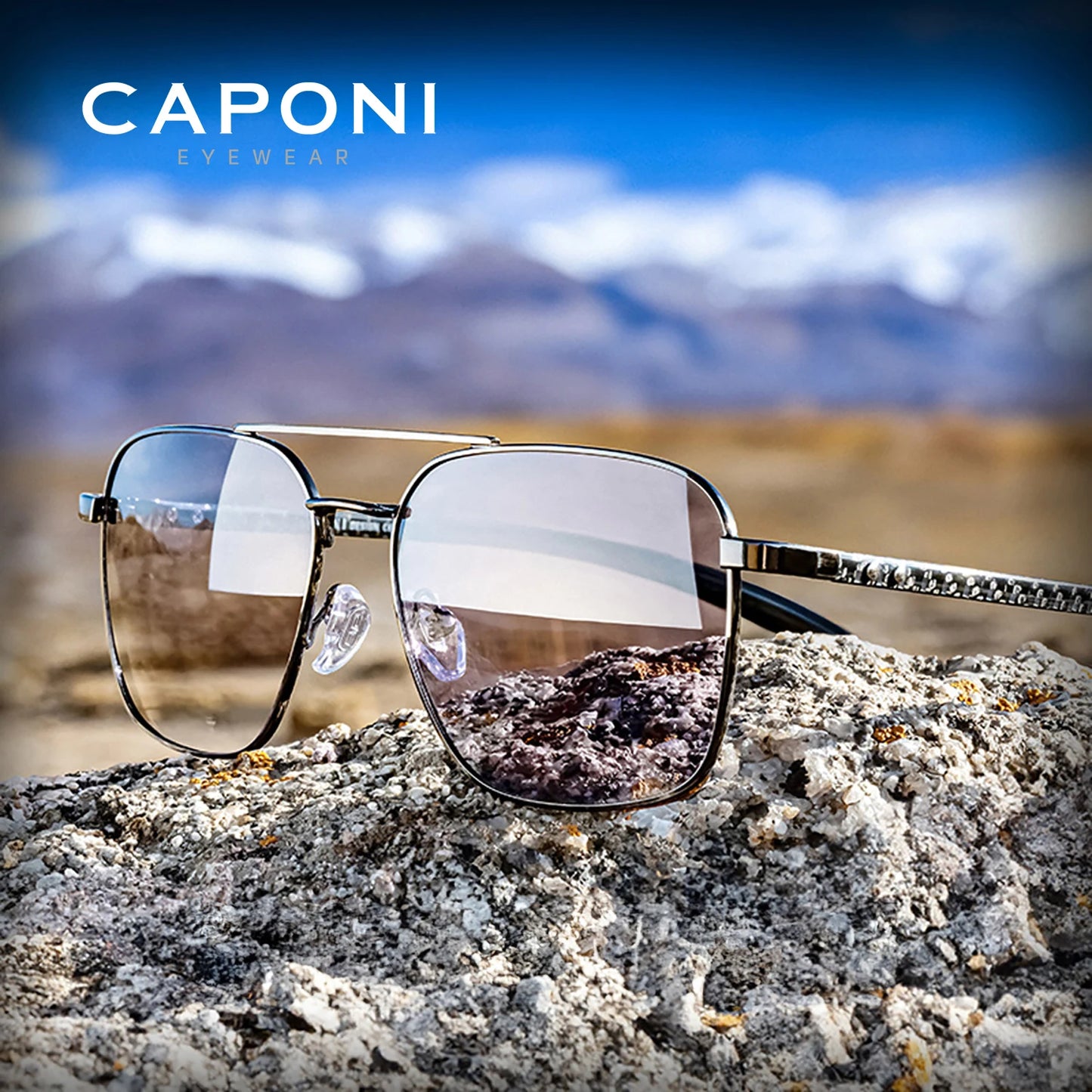 CAPONI Pilot Style Polarized Men Sun Glasses Out Driving Carbon Fiber Photochromic Sunglasses Designer UV400 Black Shads BS23027