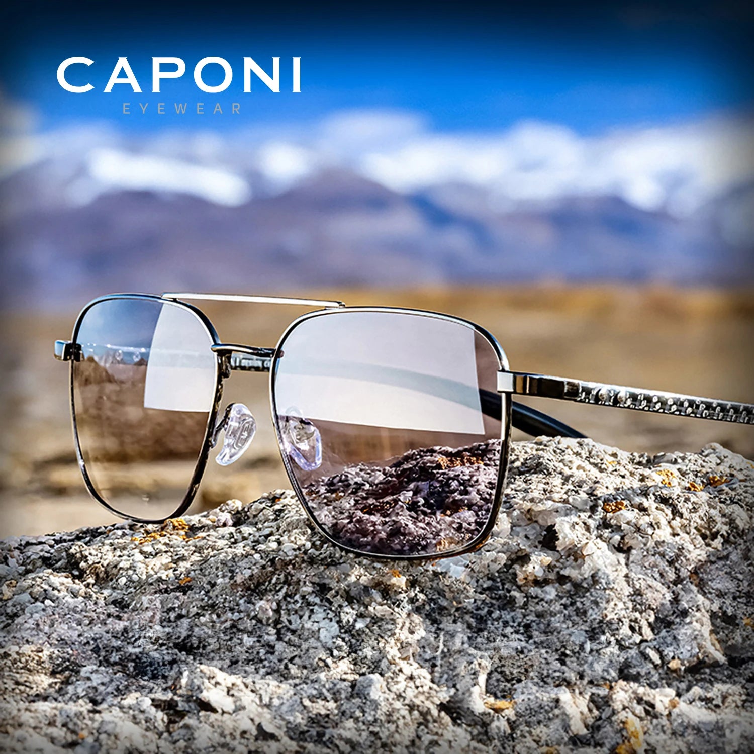 CAPONI Pilot Style Polarized Men Sun Glasses Out Driving Carbon Fiber Photochromic Sunglasses Designer UV400 Black Shads BS23027