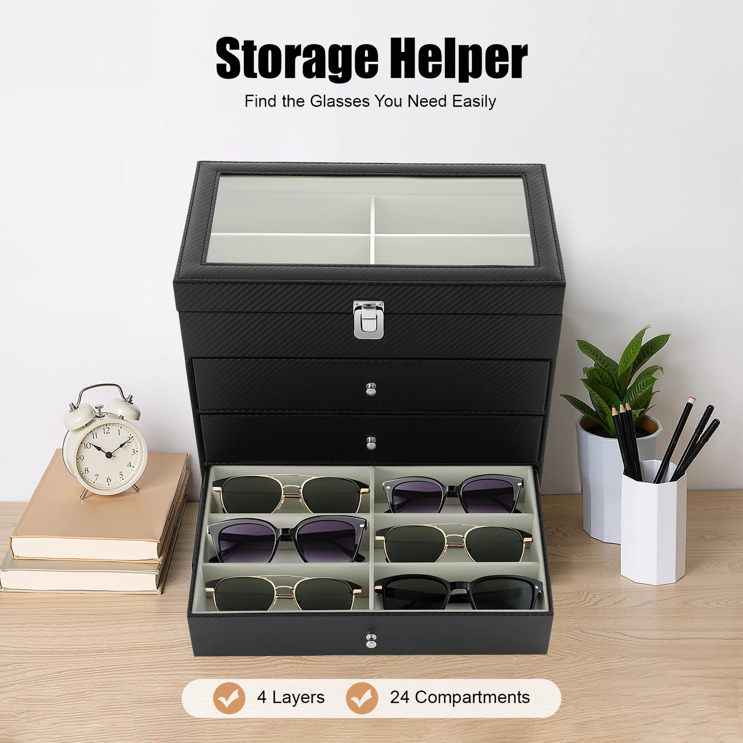 4-Tier Eyeglasses Display Case,24 Compartment Sunglass Glasses Box with Glass Lid,Sunglass Storage Organizer for Bracelet,Watch