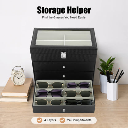 4-Tier Eyeglasses Display Case,24 Compartment Sunglass Glasses Box with Glass Lid,Sunglass Storage Organizer for Bracelet,Watch