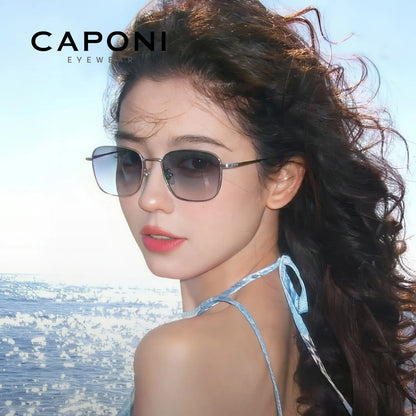 CAPONI Fashion Women Sunglasses Titanium Outdoor Sun Glasses Anti Glare UV400 Protect Gradient Blue Lenses Silver Shade CP35610