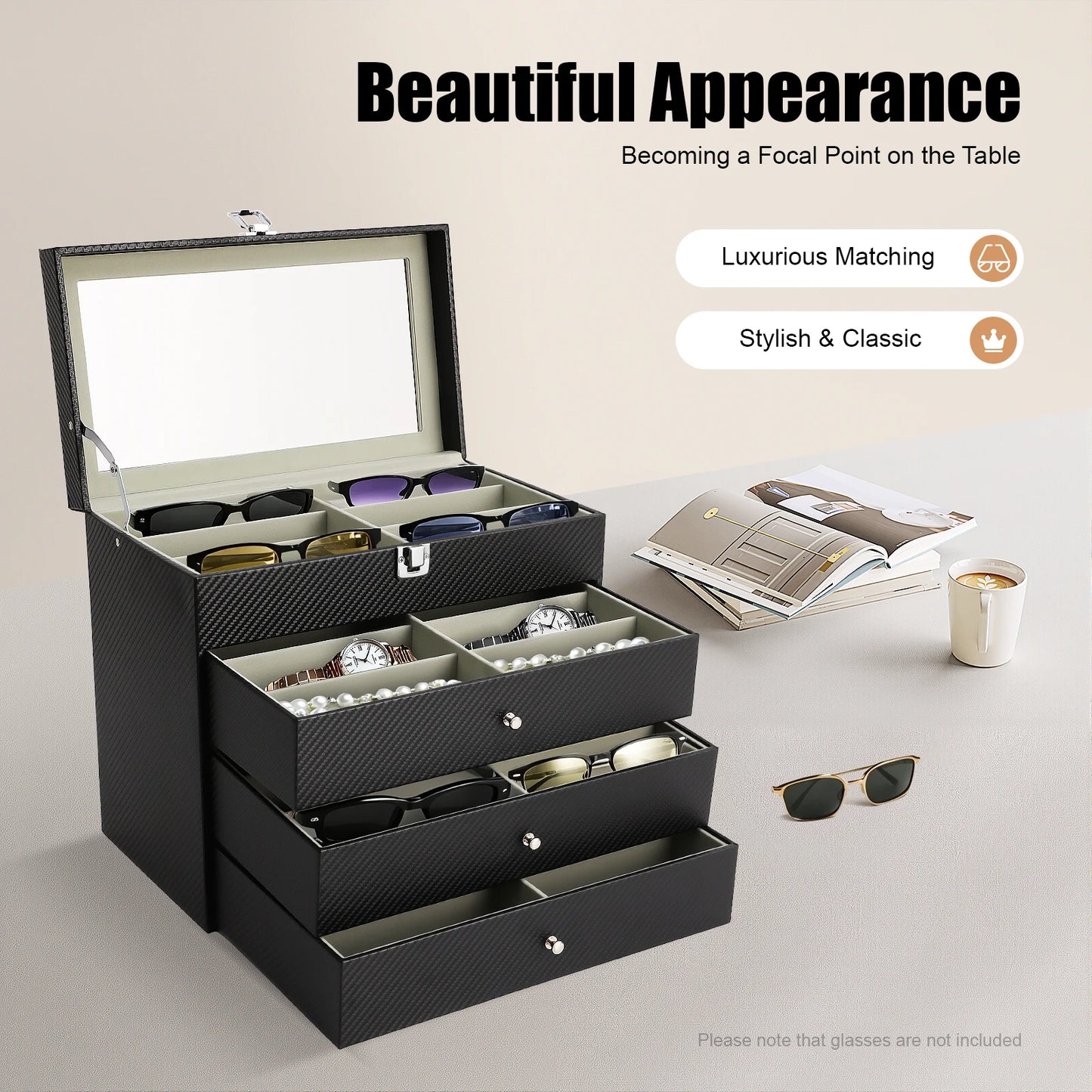 4-Tier Eyeglasses Display Case,24 Compartment Sunglass Glasses Box with Glass Lid,Sunglass Storage Organizer for Bracelet,Watch