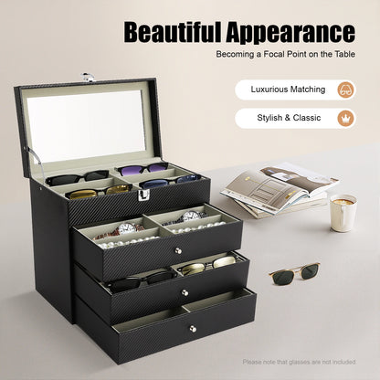 4-Tier Eyeglasses Display Case,24 Compartment Sunglass Glasses Box with Glass Lid,Sunglass Storage Organizer for Bracelet,Watch