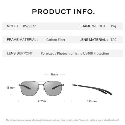 CAPONI Pilot Style Polarized Men Sun Glasses Out Driving Carbon Fiber Photochromic Sunglasses Designer UV400 Black Shads BS23027