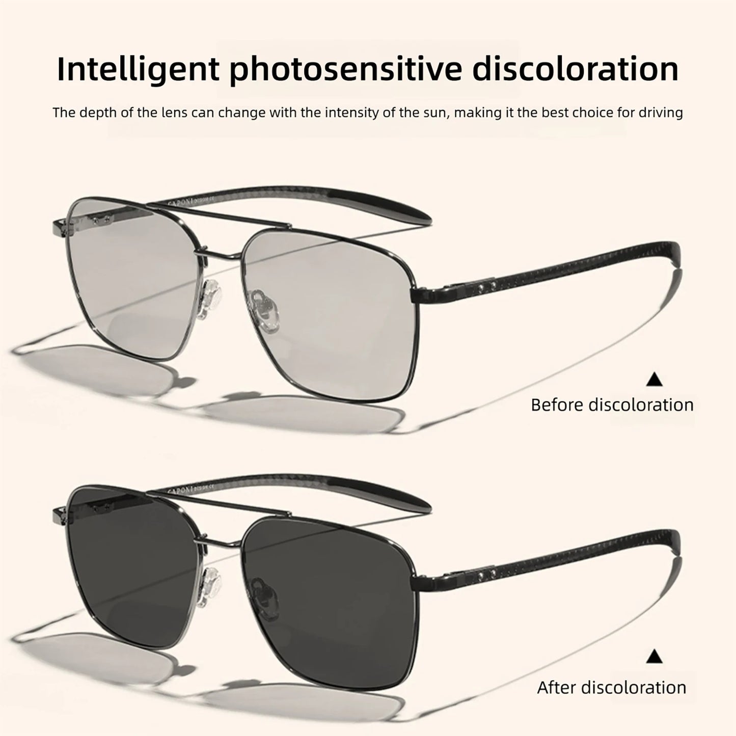 CAPONI Pilot Style Polarized Men Sun Glasses Out Driving Carbon Fiber Photochromic Sunglasses Designer UV400 Black Shads BS23027