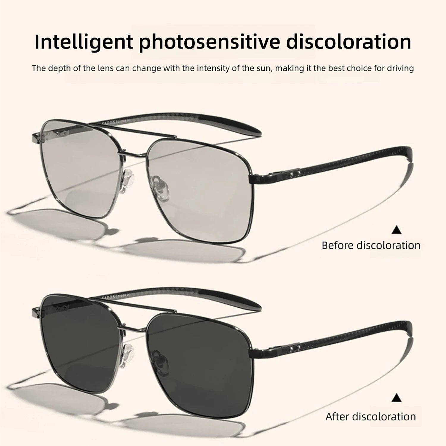 CAPONI Pilot Style Polarized Men Sun Glasses Out Driving Carbon Fiber Photochromic Sunglasses Designer UV400 Black Shads BS23027