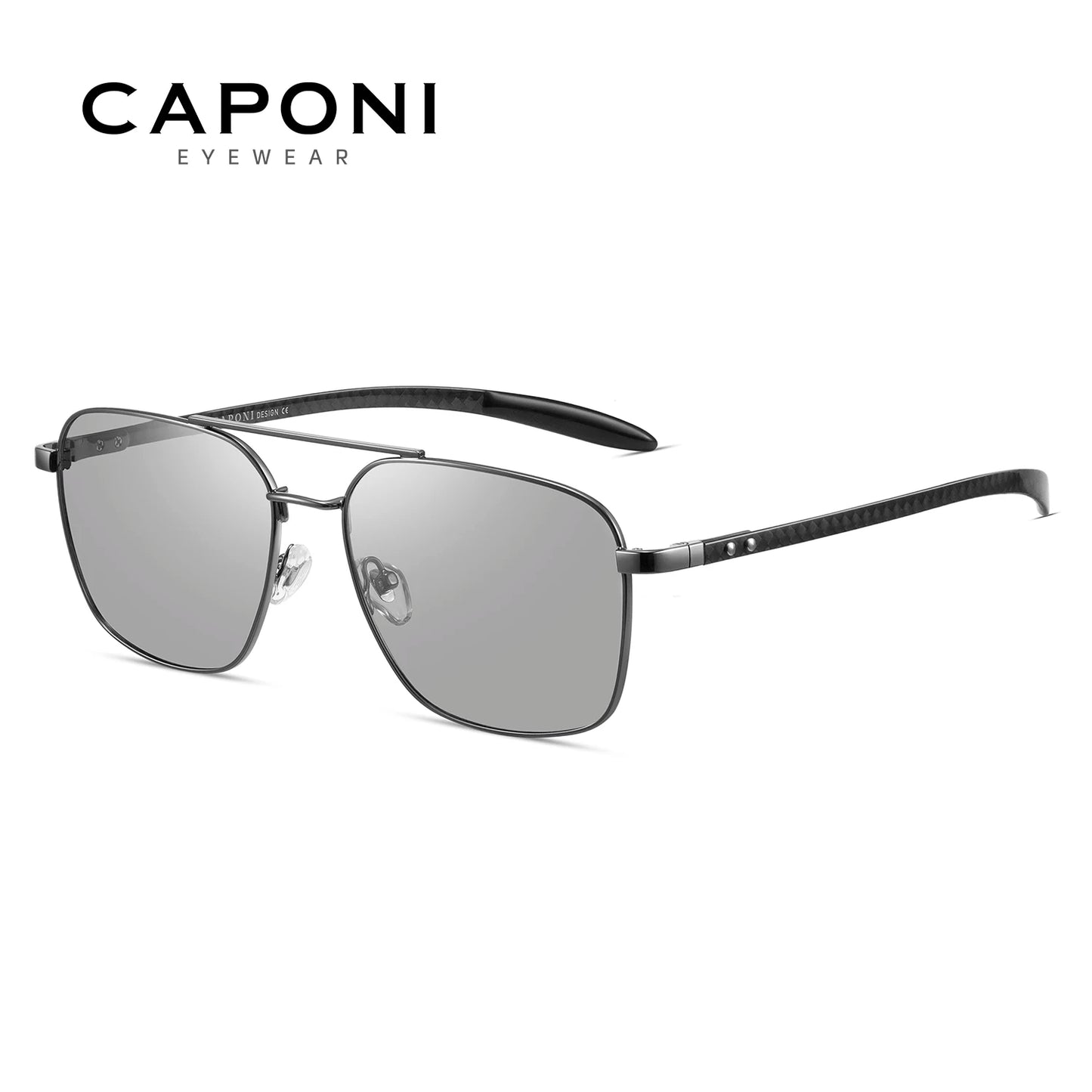 CAPONI Pilot Style Polarized Men Sun Glasses Out Driving Carbon Fiber Photochromic Sunglasses Designer UV400 Black Shads BS23027