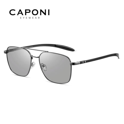 CAPONI Pilot Style Polarized Men Sun Glasses Out Driving Carbon Fiber Photochromic Sunglasses Designer UV400 Black Shads BS23027