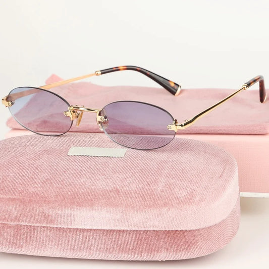 Women Fashion Rimless Oval Sunglasses Brand Desinger Retro Popular Eyeware Girls Travel Party Shades Frameless Sun Glasses UV400