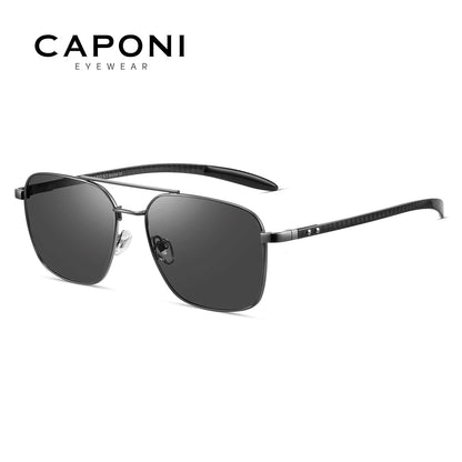 CAPONI Pilot Style Polarized Men Sun Glasses Out Driving Carbon Fiber Photochromic Sunglasses Designer UV400 Black Shads BS23027